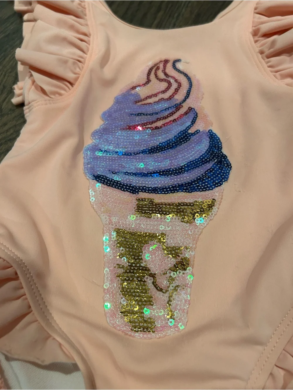 Lola + The Boys Peach Ruffle One-Piece Swimsuit with Iridescent Sequin Ice Cream